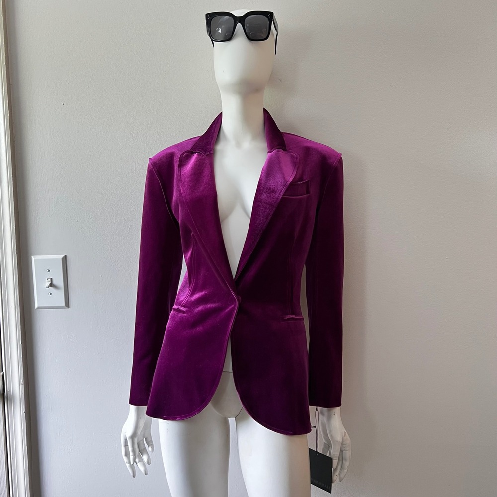 Norma Kamali Raspberry Velvet Blazer XS 34 90s Glam Power Shoulder Party